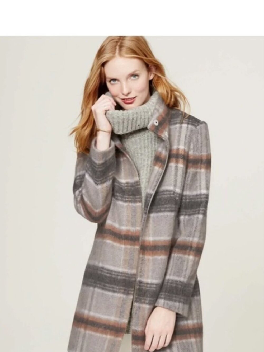 LOFT Gray Plaid Wool Blend Zip Front Coat - Size S